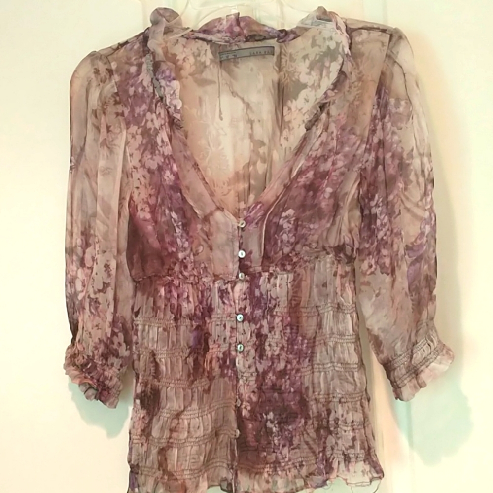 Zara, Sheer floral print , smocked bottom blouse